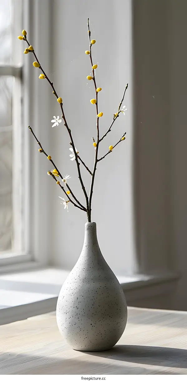 Simple White Vase with Yellow Buds and White Flowers