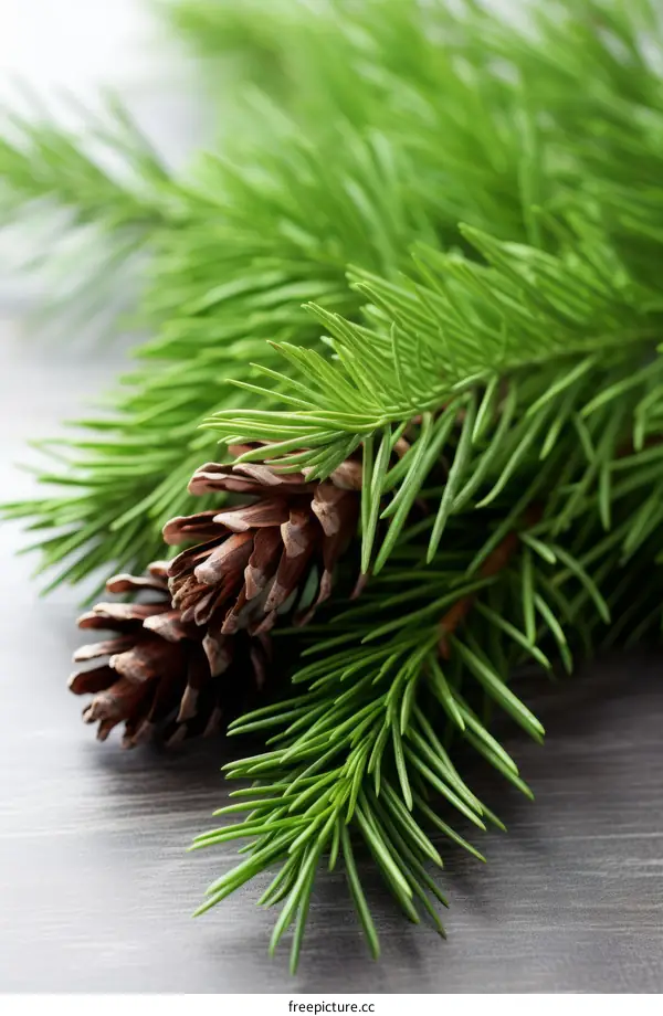 Close up of a pine tree branch with a pine cone