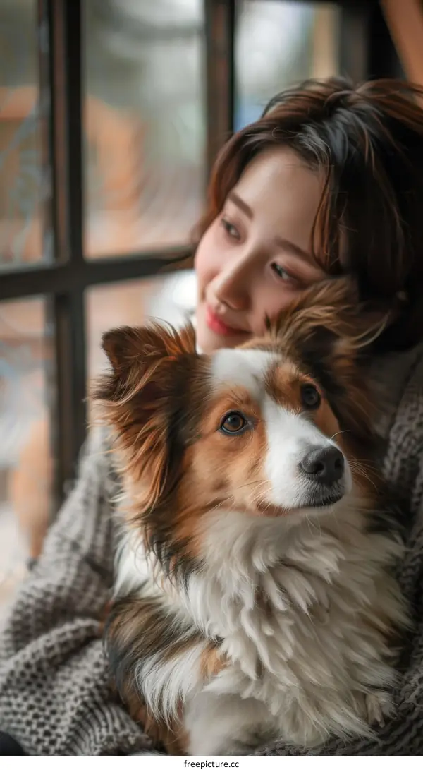 A young woman sitting by the window with her dog