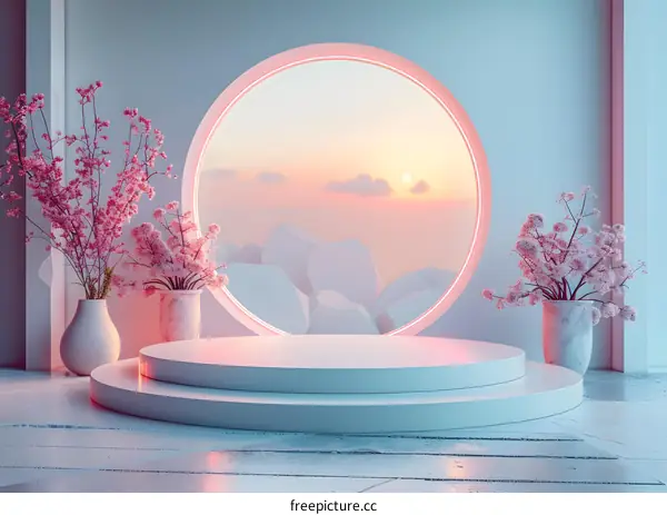 Round arch with cherry blossoms and pink geometric shapes