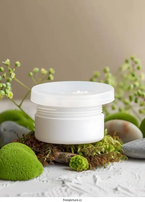 Natural Cream Jar Mockup with Green Moss