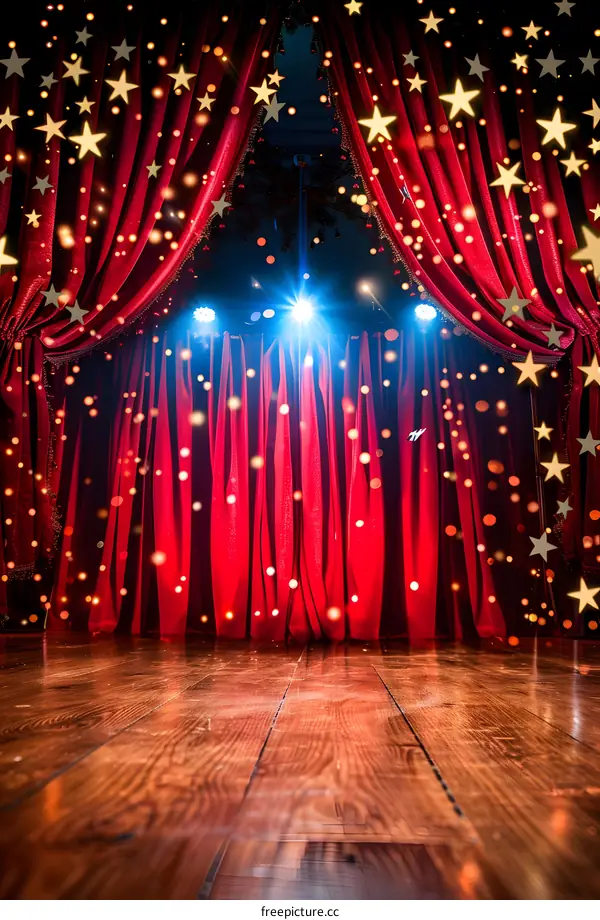 Red Curtains with Golden Stars and Spotlight