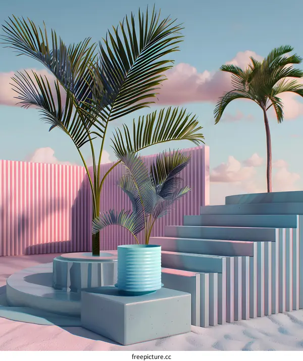 Minimalist Summer Tropical Scene with Palm Trees, Blue Stairs and Pink Wall