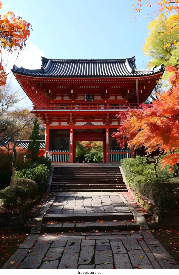 A photo of a traditional Japanese temple gate with red leaves in autumn
