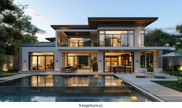 Modern house with swimming pool at twilight