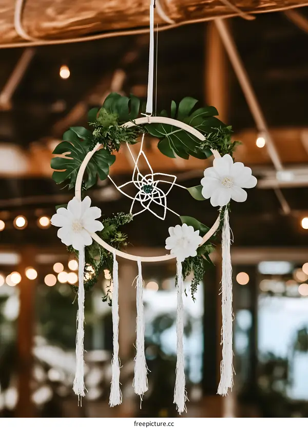 White Dream Catcher with Green Leaves Hanging from a Ceiling
