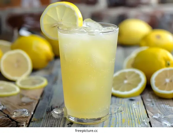 Glass of Lemonade with Lemon Slices and Ice on Wooden Table