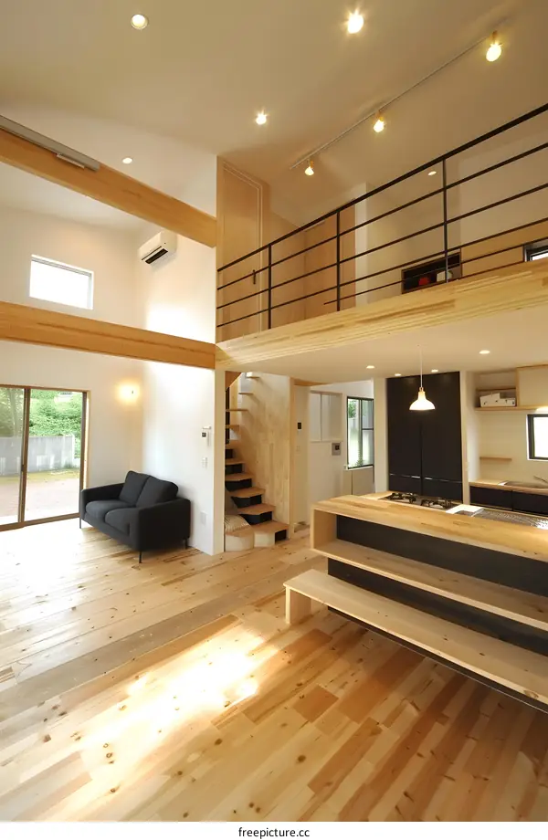 Modern Interior Design with Wooden Beams and a Loft