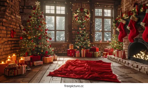 Christmas Tree Cozily Set up by the Fireplace