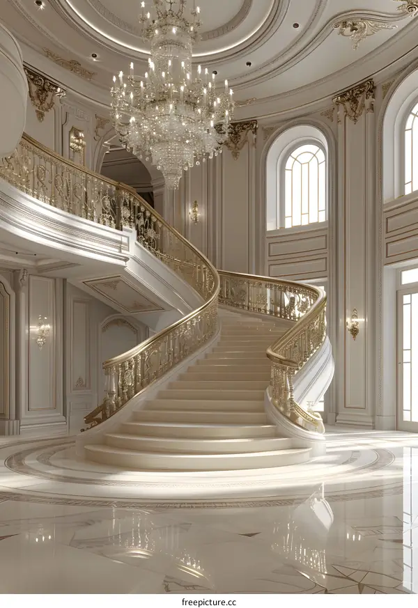 Elegant Marble Staircase With Gold Railing In Luxury Home Interior