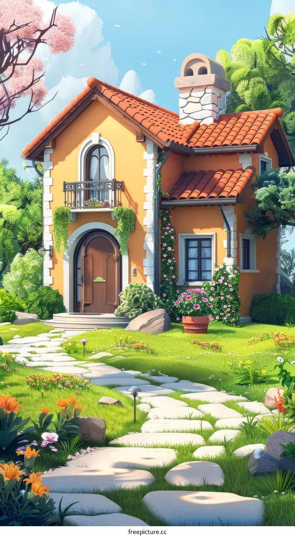 Charming European cottage nestled amidst a picturesque garden