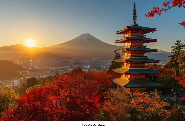 Mount Fuji and Chureito Pagoda in Autumn