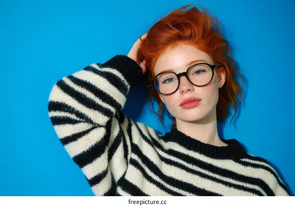 Young Woman in Striped Sweater with Glasses
