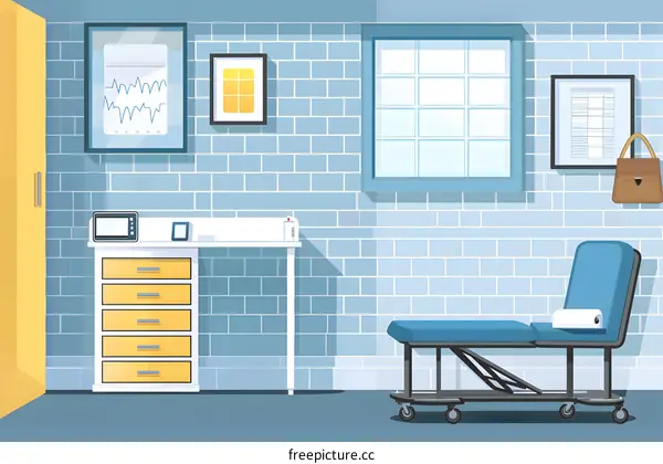 Empty Examination Room With Brick Wall And Medical Equipment