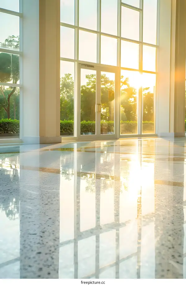 Sunlight Reflecting on Polished Floor Through Large Windows