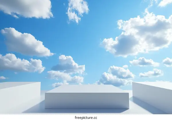 Abstract Minimalist Scene with Clouds and Boxes