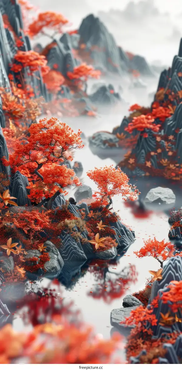 Crimson trees by the misty mountains