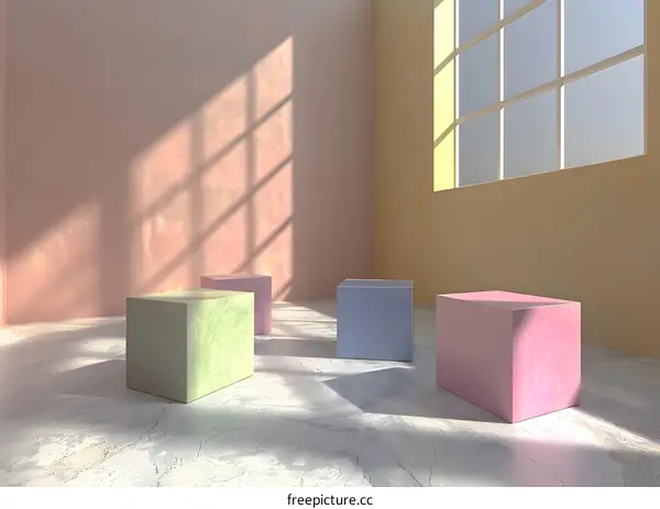 Four pastel cubes in a room with a large window