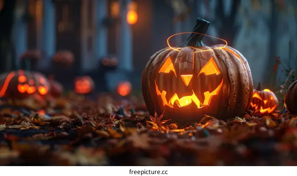 Halloween Jack-o-Lantern Pumpkins Glowing in the Dark Woods