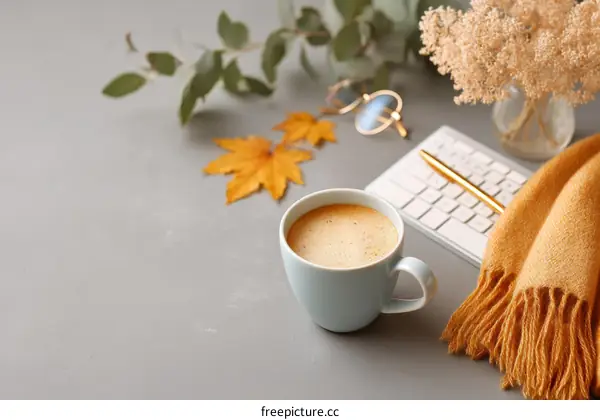 Autumnal Morning Coffee Setting on Gray Desk