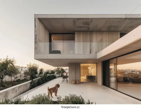 Modern concrete house with a dog