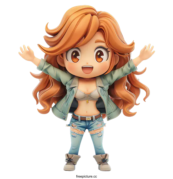 [Transparent Background PNG]A 3D illustration of a busty anime girl with long orange hair and blue eyes wearing a denim jacket and ripped jeans