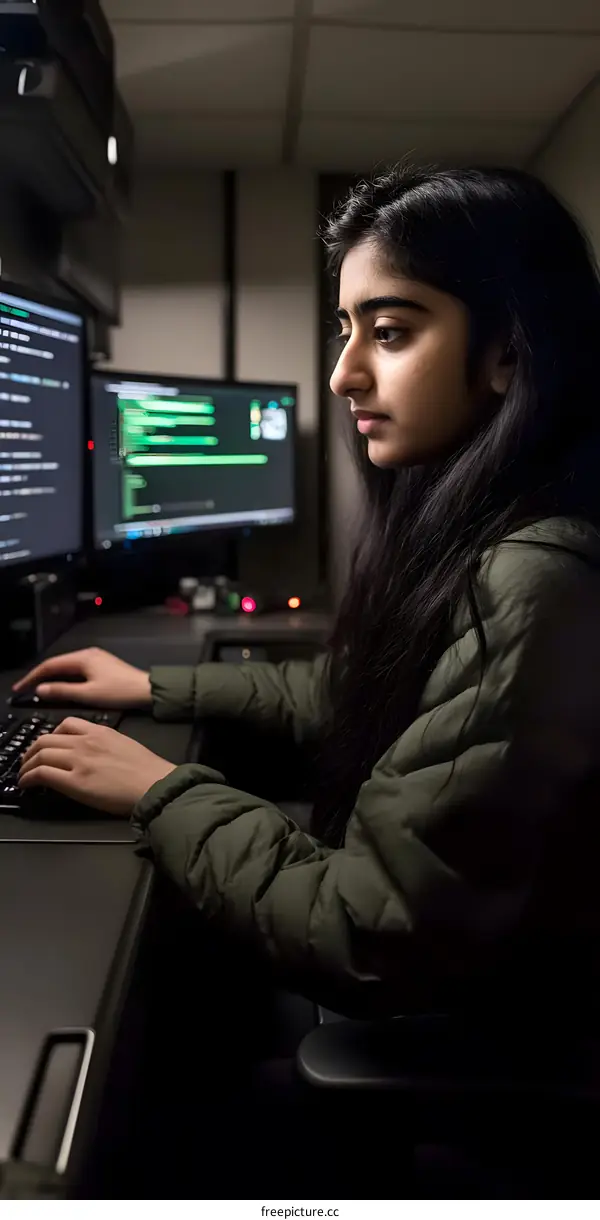 Young Woman Coding on Computer in Office