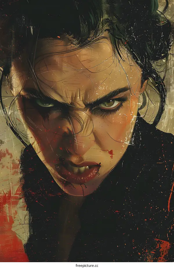 portrait of a woman with green eyes and blood on her face