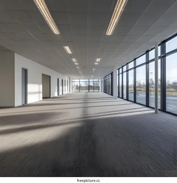 Empty Modern Office Space With Large Windows And Carpet