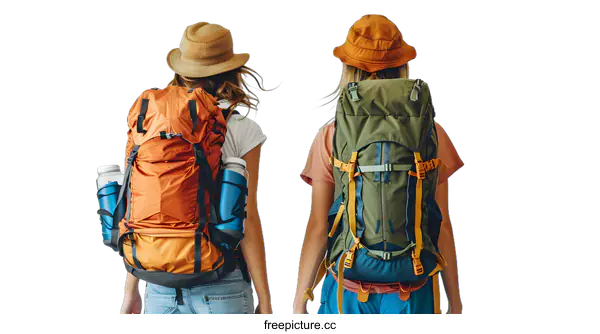[Transparent Background PNG]Two young women with backpacks ready for adventure