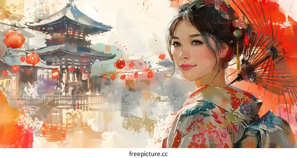 An Asian woman in traditional Japanese clothing standing in front of a temple.