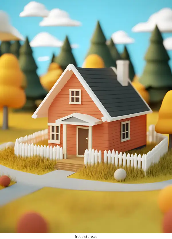 Cute Cartoon House in the Woods with a White Fence