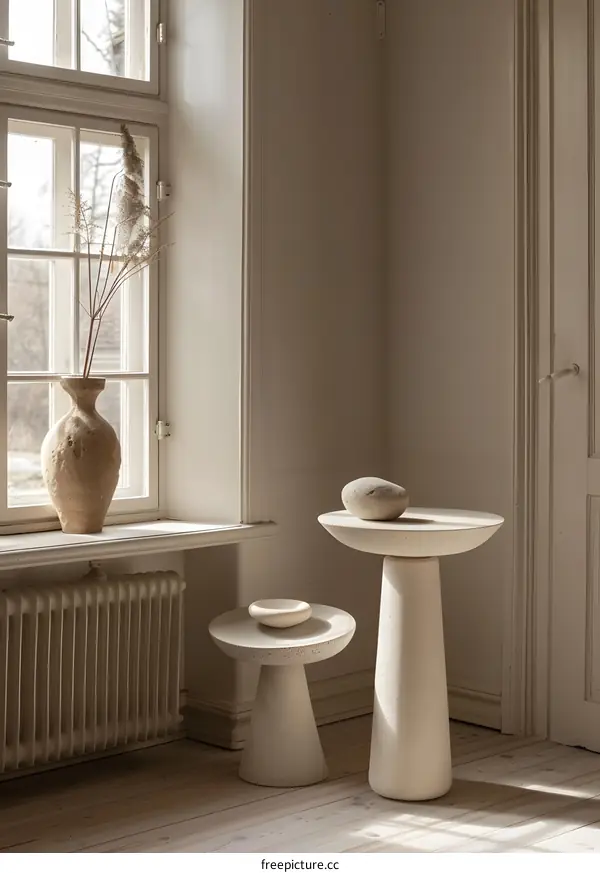 Minimalist Interior Design With Two Stone Tables And A Vase In The Corner