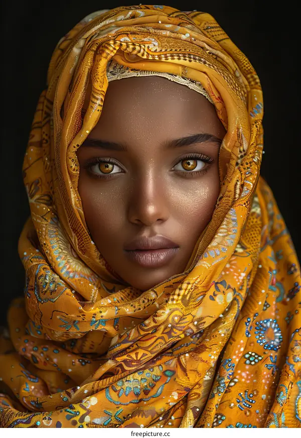 African Woman with Gold Headscarf Portrait