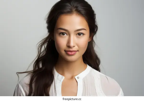 Portrait of a young Asian woman with long dark hair wearing a white shirt