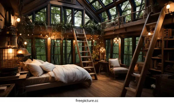 Cozy Bedroom in a Treehouse with a Forest View