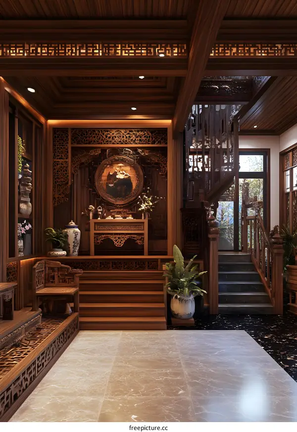 Traditional Chinese Style Interior Design with Wooden Carvings and Stairs