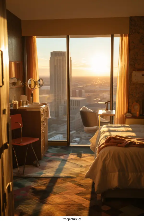 Hotel room with a view of the city