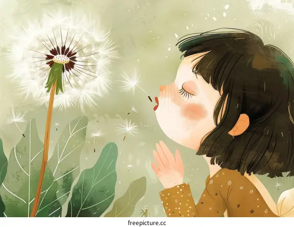 Little girl blowing dandelion seeds