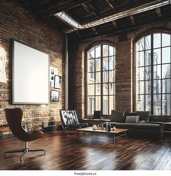 Empty Loft Interior Design with Brick Walls and Large Windows