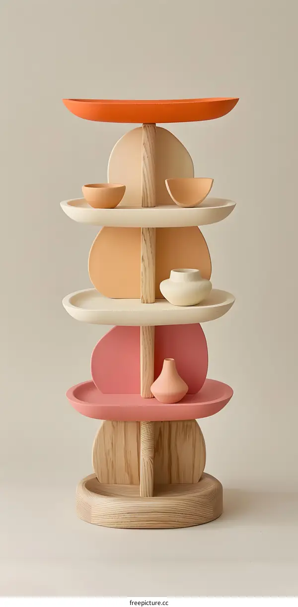 Wooden Tiered Serving Stand With Colorful Trays