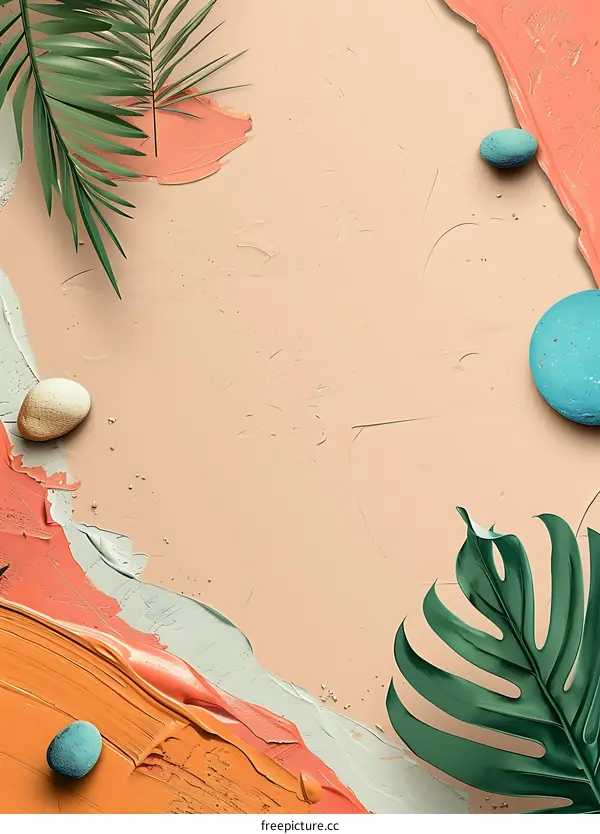 Abstract Background with Tropical Leaves and Paint Strokes