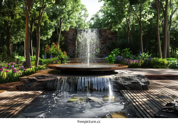 Tranquil Forest Oasis with Cascading Waterfall and Verdant Greenery