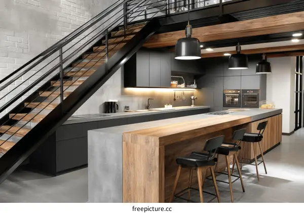 Modern Industrial Style Kitchen with Wooden Island