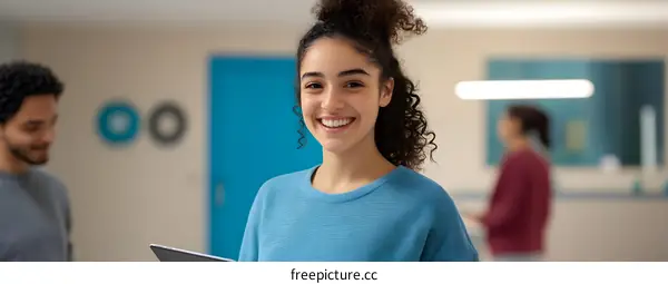 Smiling Woman Holding Tablet In Office