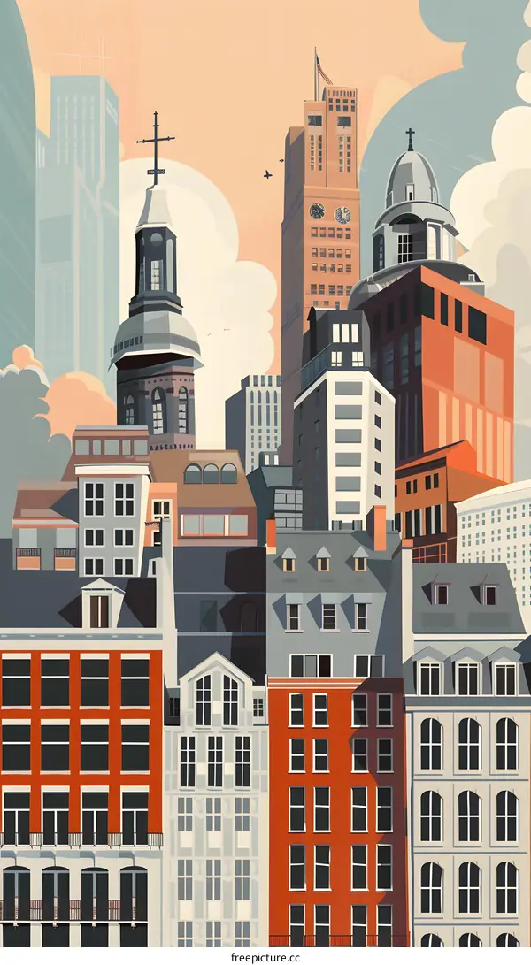 Cityscape Illustration with Multiple Buildings