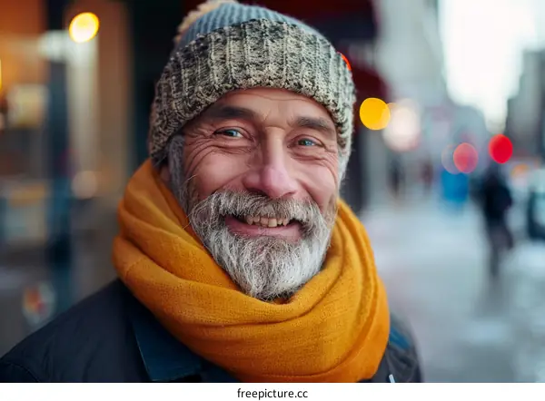 portrait of an old man with a beard and a yellow scarf smiling