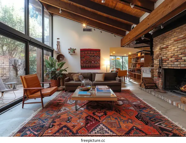 A Mid-Century Modern Home with a Brick Fireplace and Colorful Rug