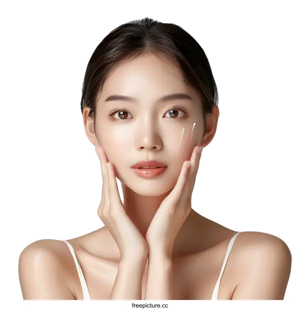 [Transparent Background PNG]Beautiful Asian Woman Applying Facial Cream