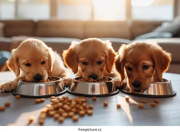 Three Golden Retriever puppies eating from bowls